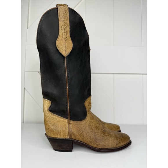 Vintage Shoes - Vintage Leather Cowboy Boots Womens 6.5M Made in USA Black & Tan Western‎